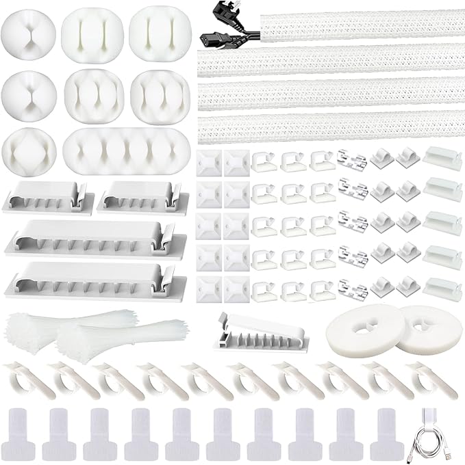 White Cable Management Organizer Kit 4 Cable Sleeve Split,47Cable Clips 12Cord Clips Holder,22 Cable Ties, 20 Adhesive Wall Cable Tie, 200Fasten Cable Ties for TV Electronics