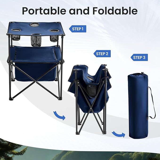 Portable Outdoor Folding Camping Table with 4 Cup Holders & Cooler Compartment, Waterproof Picnic Table for Picnic, BBQ, Beach, Hiking (Dark Blue, 1 PCS)
