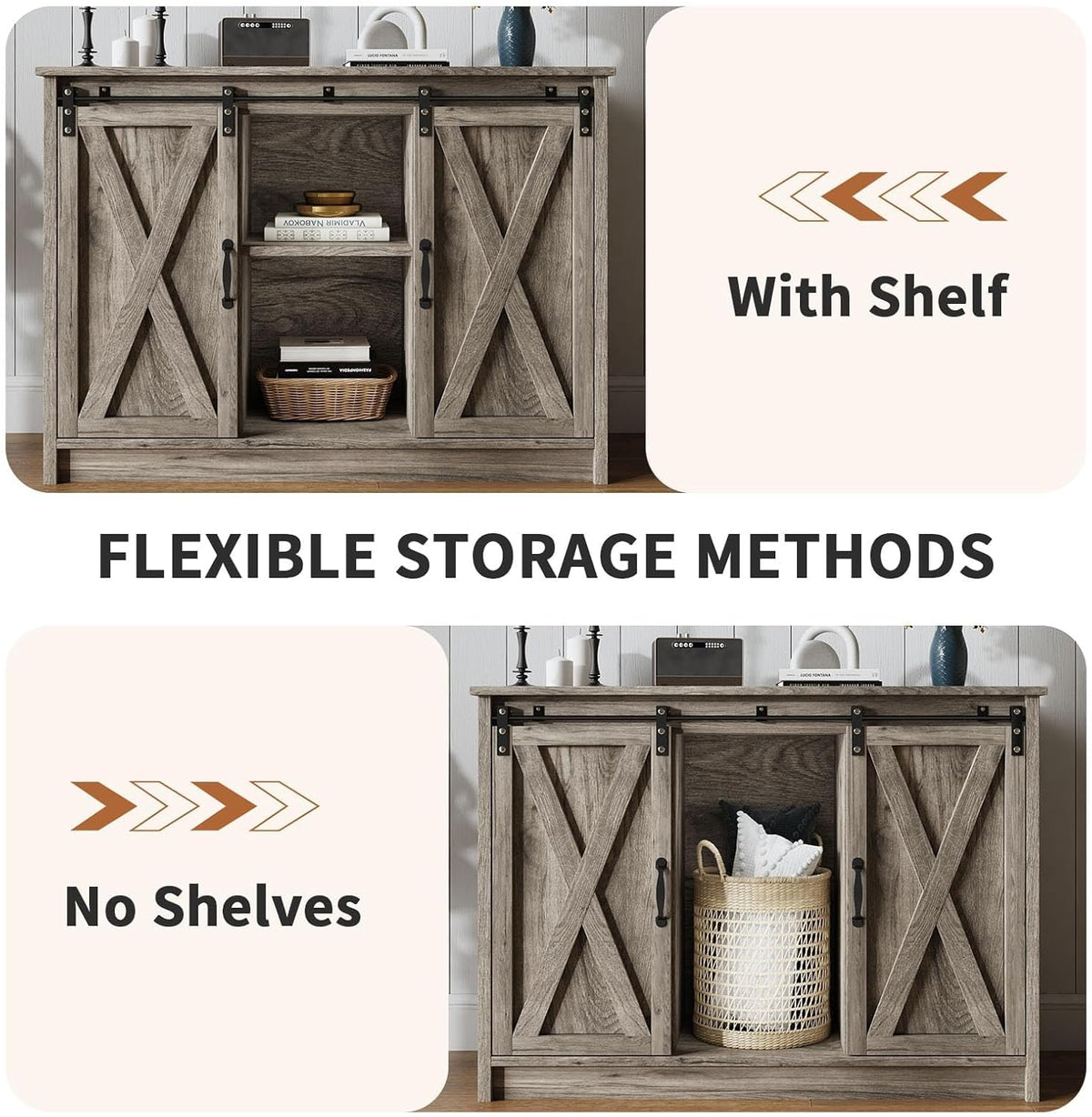 4 Ever Winner Farmhouse Coffee Bar Cabinet with Sliding Barn Door, 42” Coffee Bar Table with Adjustable Shelves
