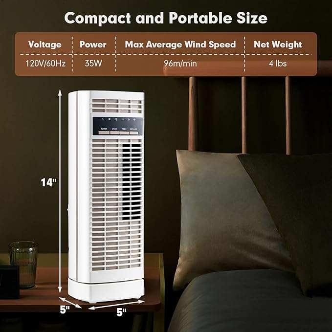 Tangkula 14-Inch Desk Fan, 90° Oscillating Small Tower Fan, Portable Quiet Cooling Table Fan w/ 3 Speeds, 4H Timer, Compact Bladeless Standing Fan for Living Room, Bedroom, Office, Desktop(White)