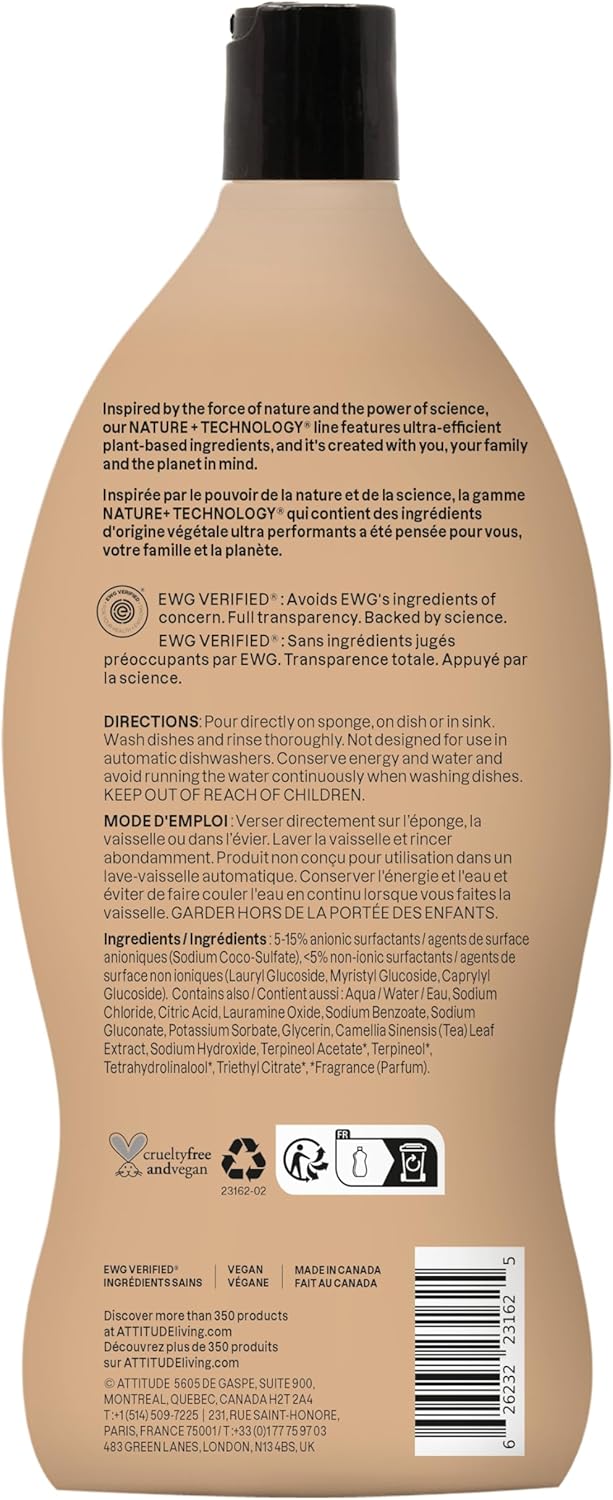 ATTITUDE Dish Soap, EWG Verified, Plant-Based & Vegan Dishwashing Liquid, Naturally Derived, Italian Lemon Scent, 24 Fl Oz