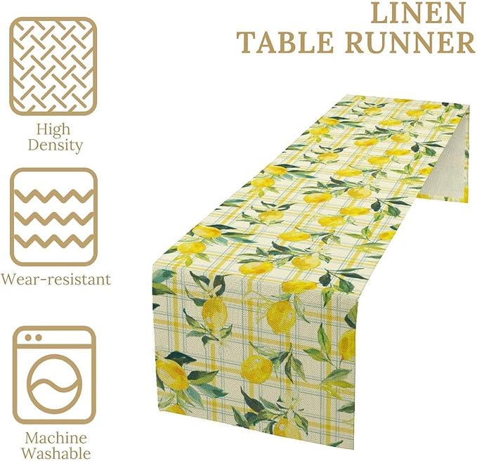 Yellow Plaid Lemon Table Runner Nature Watercolor Plant Countryside Farm Fruit Aesthetic Dining Table Decoration for Home Holiday Party Dresser Kitchen Cabin Restaurant Wedding Decor 13×120in