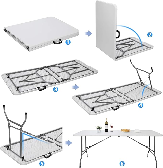 SUPER DEAL 6FT Folding Table for Indoor Outdoor, Portable Heavy Duty Fold-in-Half Plastic Dining Picnic Party Camping Table with Carrying Handle