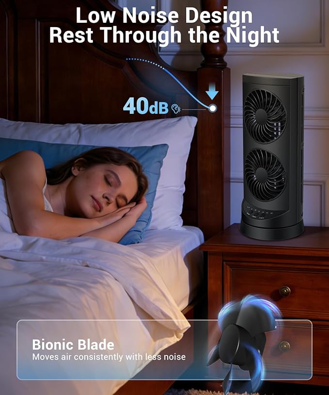 KopBeau Tower Fan for Bedroom, Portable Desk Table Fan with 3 Speeds ＆ 12H Timer,60° & 110° Oscillating Electric Fans that Blow Cold Air,Fast Cooling Fan for Home Office Dorm