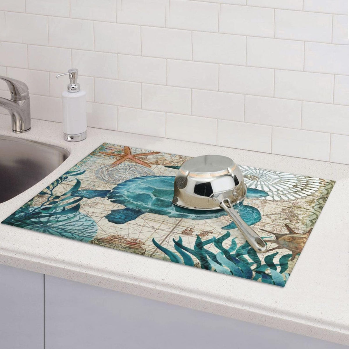 Ocean Sea Turtle Dish Drying Mat for Kitchen Counter 18x24 in, Retro Map Microfiber Drying Mats Absorbent Reversible Dish Pad Large Dish Draining Mat
