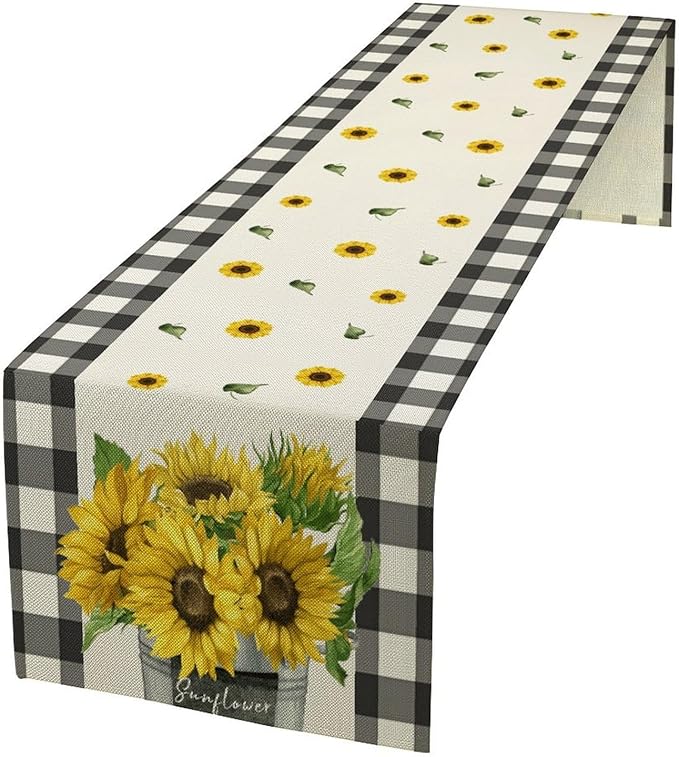 Morden Sunflower Table Runner,White Black Buffalo Plaid Watercolor Summer Flower Plants Leaves Print Table Runner for Kitchen Dining Table Holiday Home Party Decor 13x120in