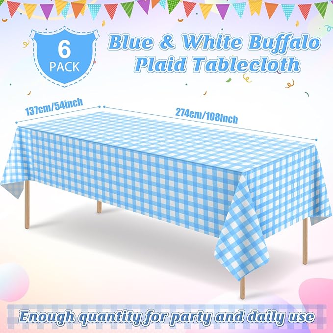 6Pack Light Blue and White Plastic Checkered Tablecloth, Premium Decorative Disposable Light Blue Gingham Plaid Tablecloth for Party, Rectangle Party Table Cover for Picnic Farm Birthday, 54x108 Inch
