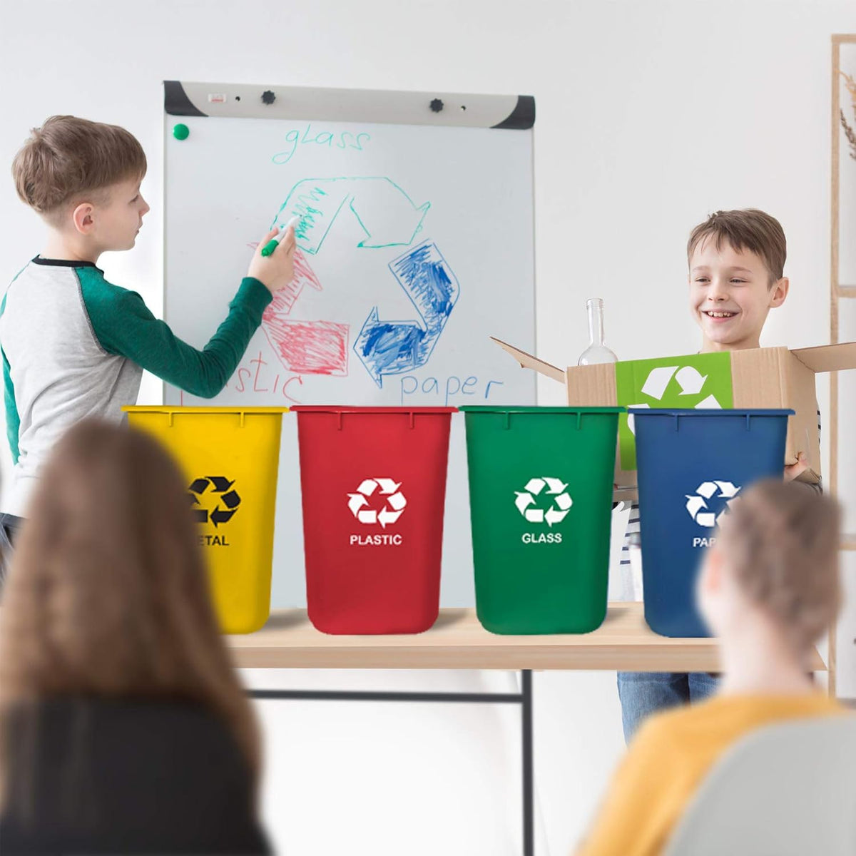Acrimet Wastebasket Bin for Recycling, 6.75 Gallon/ 27 Quart/ 25.552 Liter (Made of Plastic) (Metal/Yellow, Paper/Blue, Glass/Green, Plastic/Red) (Set of 4)