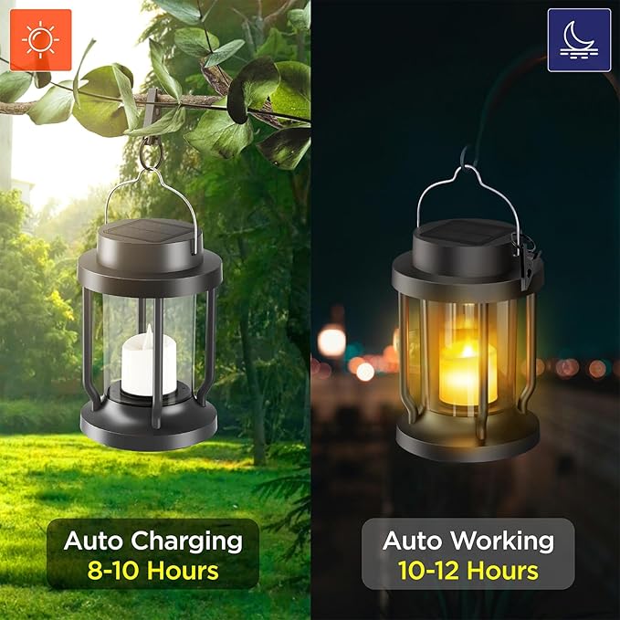 Solar Lantern Outdoor & Indoor Use – Hanging Solar Lights with Realistic Flickering Flameless Candle, Weatherproof for Gardens, Patios, Trees, and Lawns (Black, 4 Pack)