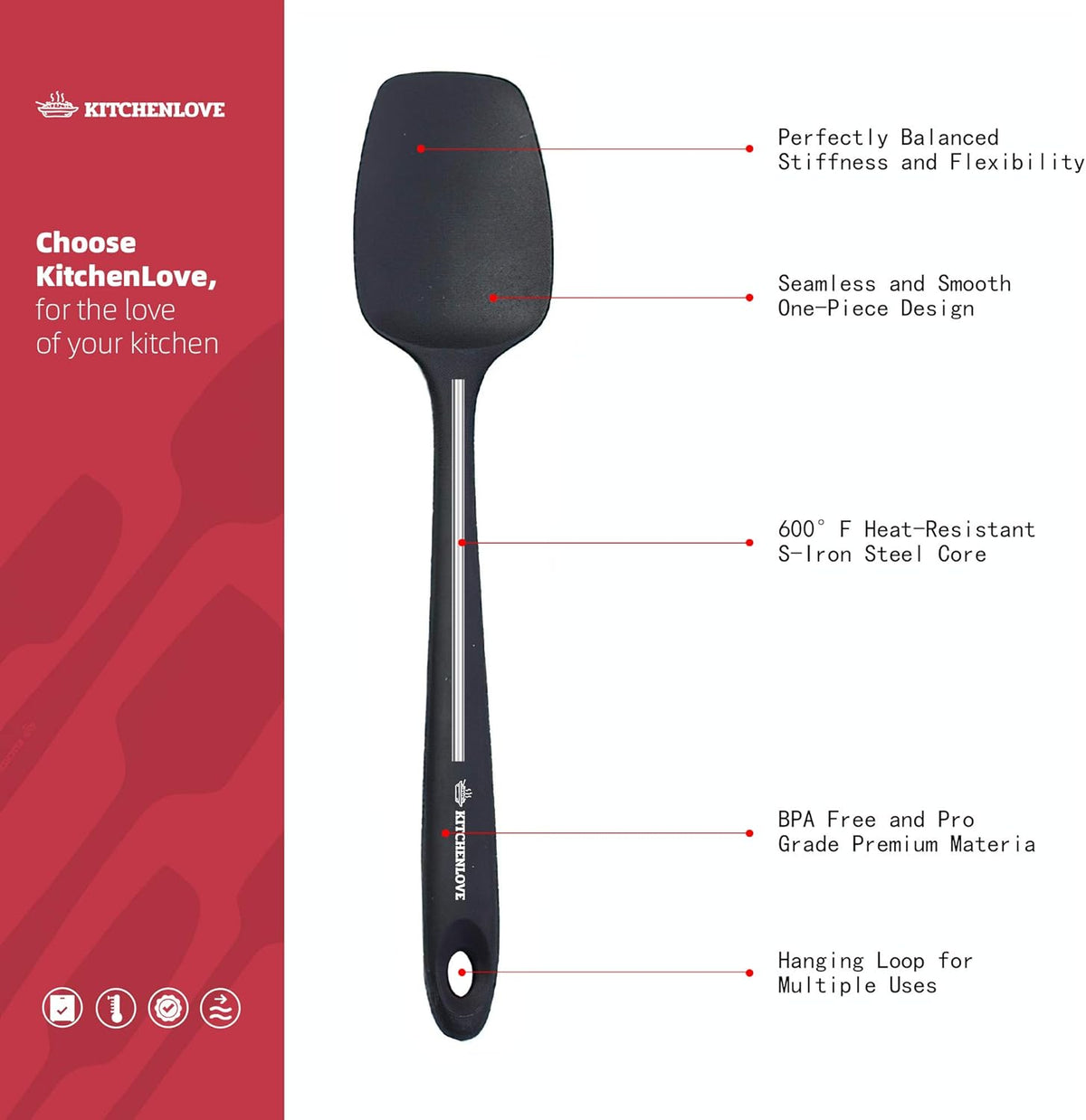 Kitchenlove Premium 600°F Heat Resistant 5 Piece Silicone Spatula Set for Baking, Cooking, Mixing - Non-Stick with High Grade S-Iron Steel Core
