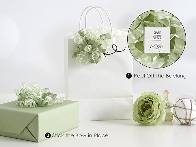 HUIHUANG Green Bows for Gift Wrapping Sage Green Gift Bows 5 inch x 8 Counts Self-Adhesive Curly Ribbon Bow for Presents, Paper Bag, Baby Shower Favors, Wrapping Accessories, Wedding Decor
