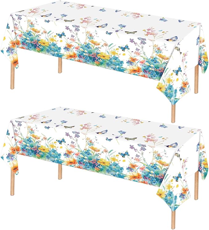 2 Pack Wildflower Tablecloth Party Decorations, 54 X 108Inch Floral Tablecloths Disposable Plastic Table cover Butterfly Wildflower Porcelain Table Decor for Birthday Garden Wedding Tea Party Supplies