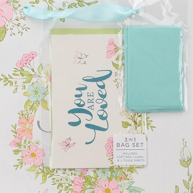 WITH LOVE Women's Flowery Wreath Gift Bag w/Card & Blue Tissue Paper: You Are Loved, White w/Pastel Pink & Blue Florals, Gift Idea for Family & Friends, Large Portrait 13" x 10" x 7"