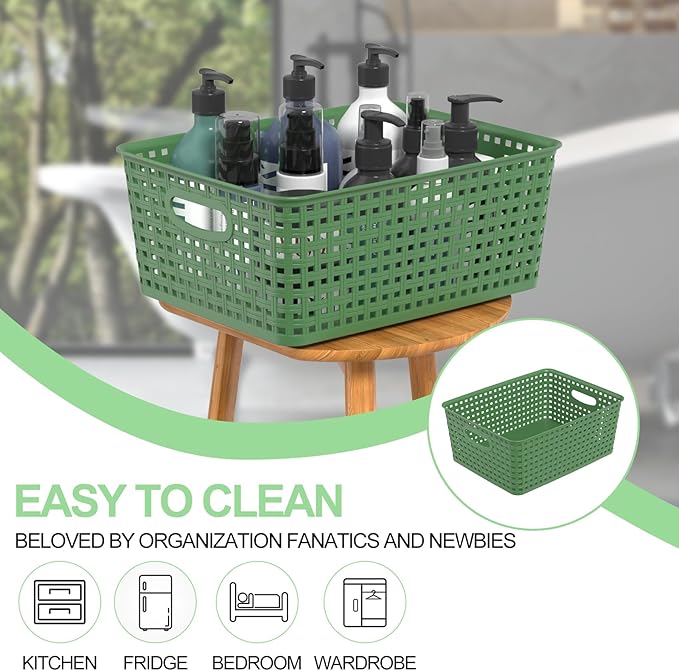 4-Pack Plastic Desktop Storage Baskets, Green Weave Basket Organizer for Cabinet, Pantry, Shelves, Closet