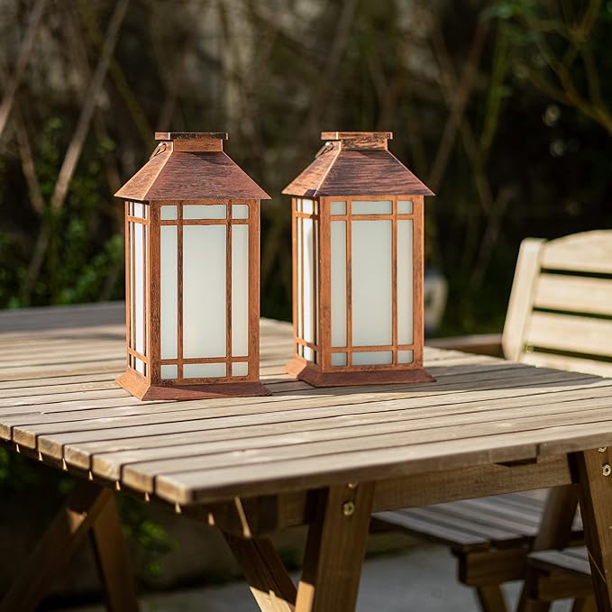Bdor 2-Pack 13" Vintage Candle Lantern with Led Flameless Candle (6hr Timer) - IP65 Waterproof Battery Powered - Outdoor Patio Hanging Lanterns Decorative Tabletop Lanterns