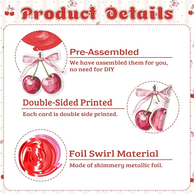 Cherry Hanging Swirls - 30 Pcs Cherry Party Decorations Cherry Bow Donut Ceiling Hanging Streamers for Girls Birthday Baby Shower Party Supplies