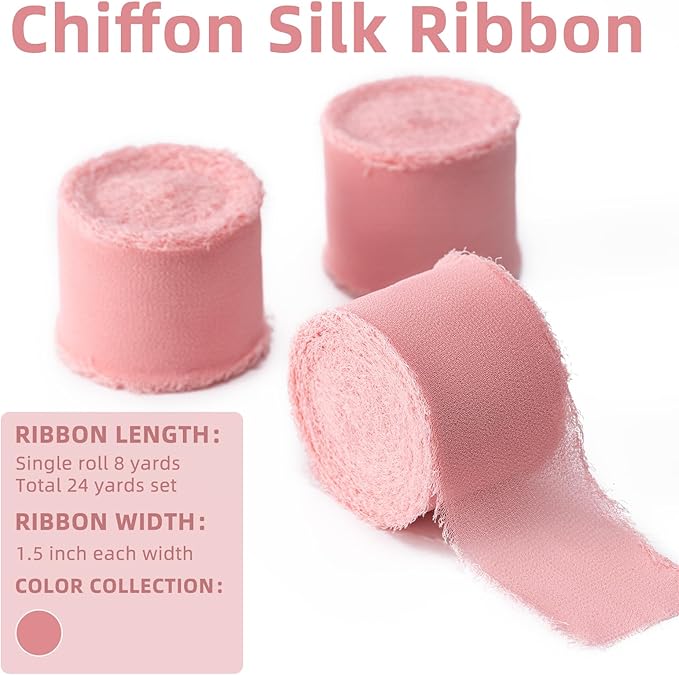 Husfunov Blush Pink Handmade Chiffon Ribbon,1.5Inch x 3 Rolls Total 24 Yards Blush Pink Fringe Chiffon Silk Ribbon,for Wrapping Wedding Invitations,Bridal Bouquets,DIY Crafts,Home Decor and More