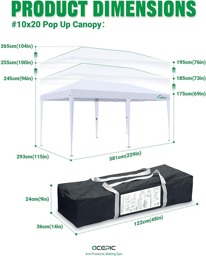 Acepic 10x20 Pop Up Canopy Tent with 6 Removable Sidewalls, One-Push Center Lock Design, Commercial Grade Waterproof Party Gazebo, UV Protection Outdoor Event Shelter with Church Windows, White