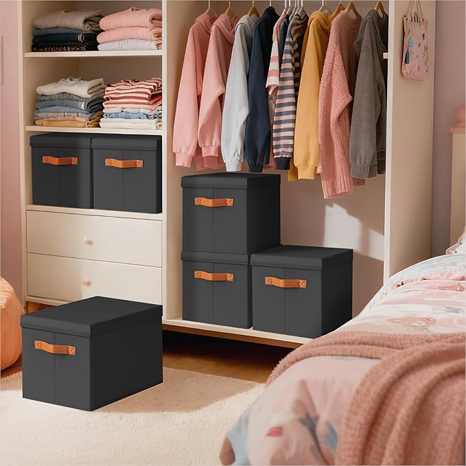 Homsorout Storage Bins with Lids - Large Fabric Closet Bins with Lid, 5 Pack Clothes Organizers and Storage, Collapsible Stackable Cube Basket for Home, Office, Dorm, Black