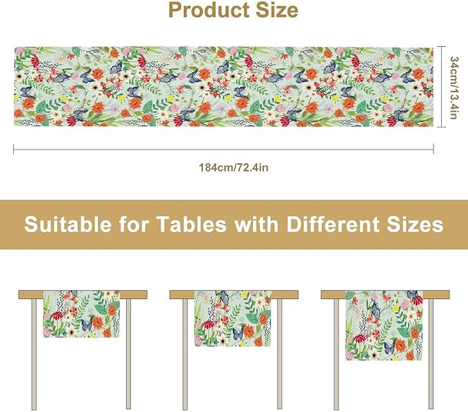 Butterfly Table Runner, Colorful Wildflower Butterfly Spring Table Runner for Holiday Kitchen Dining Home Party Outdoor 13x36in