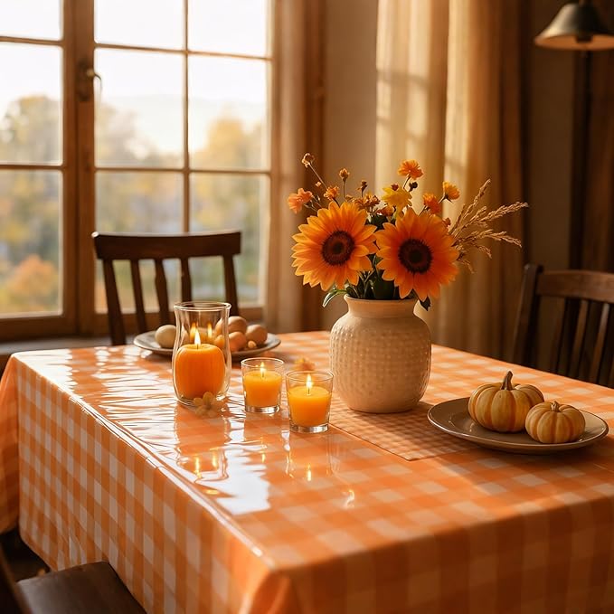 Remagr 3 Pcs Orange and White Checkered Table Cloth 54 x 108 Inch Disposable Buffalo Plaid Plastic Table Cloth Waterproof Rectangle Gingham Tablecover for Picnic, Dining, Birthday Party Decor