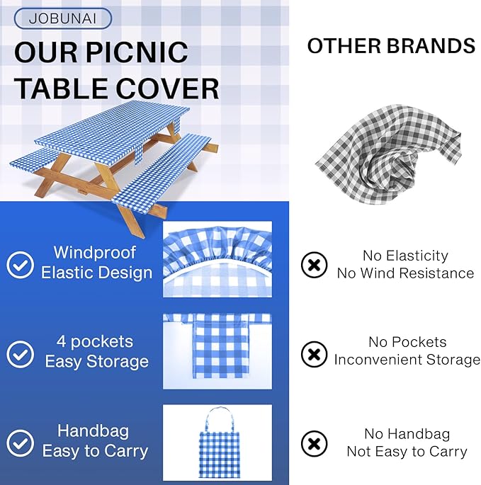 Fitted Picnic Table Cover with Bench Covers Elastic Waterproof Outdoor Camping Tablecloth for 8 Ft Rectangle Tables Camper Summer Accessories Rv Car Essentials Vacation Gifts for Men Women