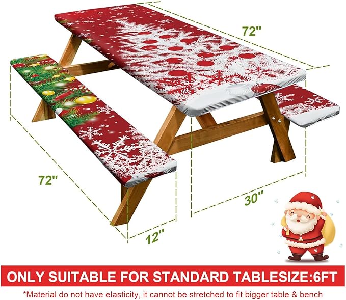 Picnic Table Cover with Bench Covers Set of 3, Elastic Fitted Tablecloth for 6 Foot Tables, Washable Polyester Tablecloths for Camping, Indoor & Outdoor