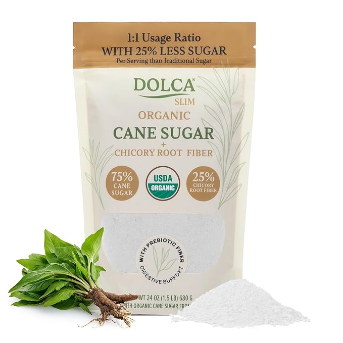 Organic Cane Sugar with Prebiotic Fiber – Dolca Slim – 25% Less Sugar, Same Taste & Texture – Sweetness for Coffee, Tea & Baking – Bakes