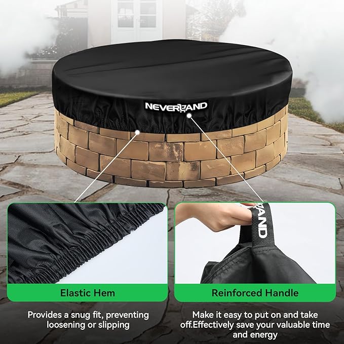 NEVERLAND Round Fire Pit Cover for In-Ground Fire Pits, 46-51 Inch Heavy Duty 600D Waterproof Outdoor Firepit Cover, Fits Built-In Stone Fire Pits, Black