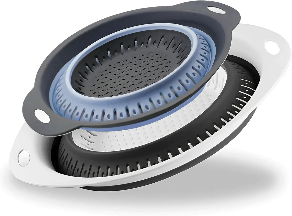 Collapsible Colander Set, Square Round Triangles Silicone Kitchen Strainer Perfect for Draining Pasta Vegetable fruit 2 PCS (Gray&Blue, 12"L x 9.5"W x 2.3"H)