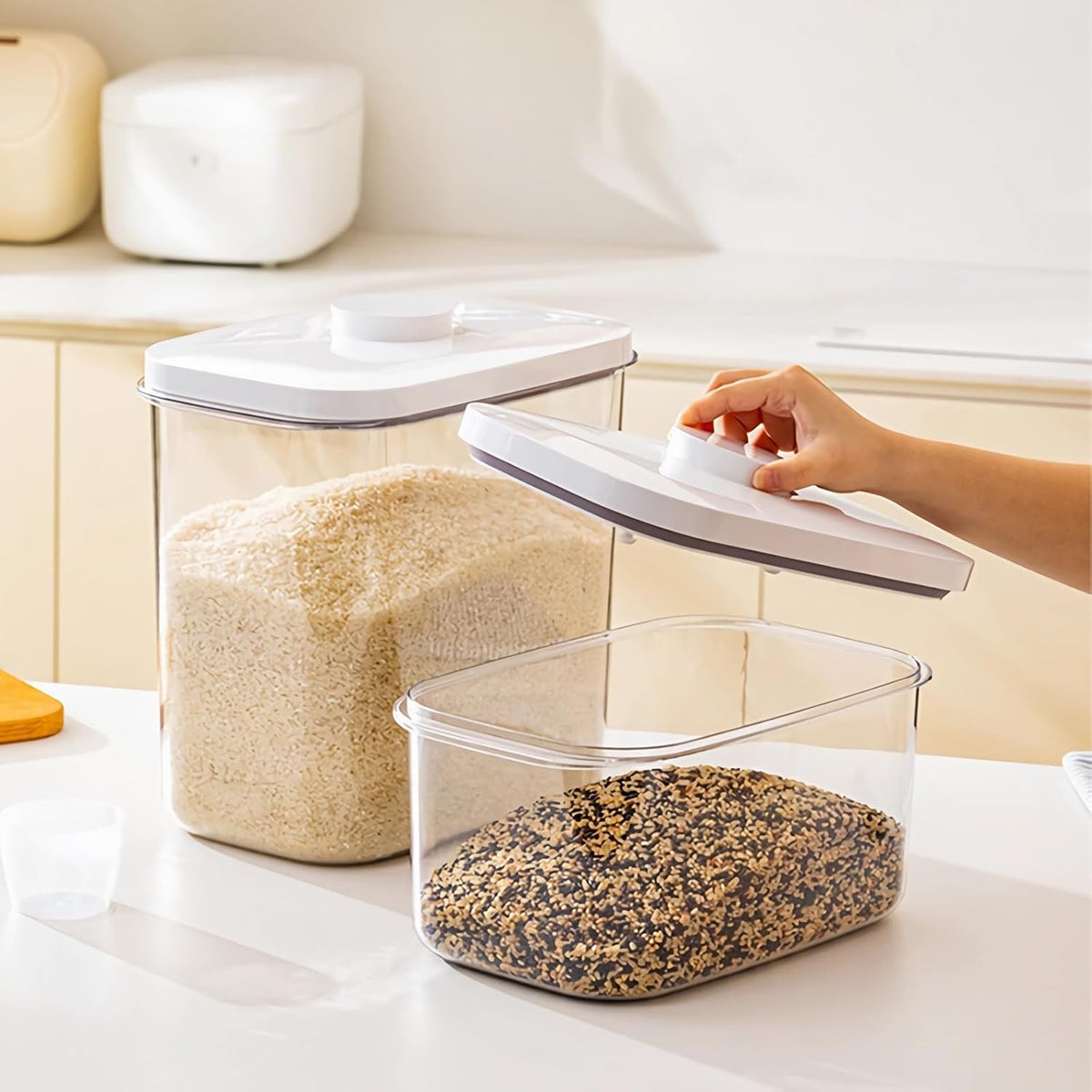 Airtight Flour Container 12 Lbs, Clear PET Plastic Food Storage Container Bin with Pop Up Lids For Rice Flour Sugar