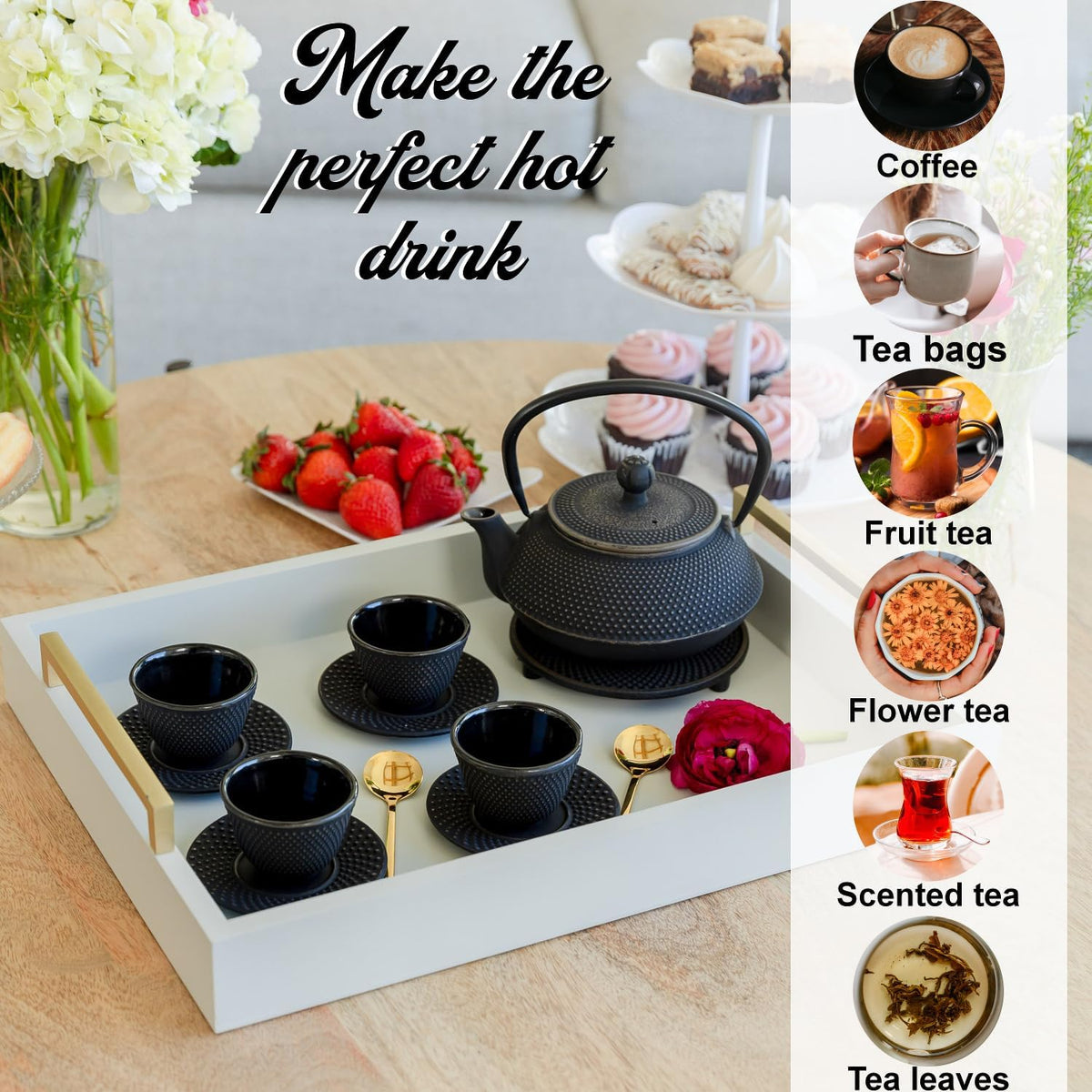 Large 11PC Japanese Tea Set "Gashu Black" Cast Iron Tea Pot 26Oz with 4 Tea Cups (2Oz each), 4 Saucers