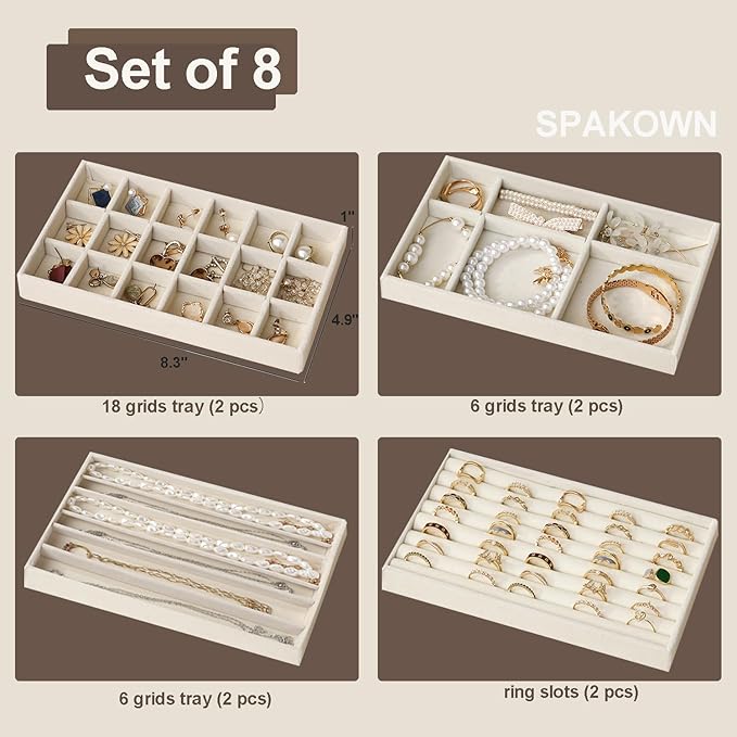 SPAKOWN Stackable Jewelry Organizer Trays for Drawer Set of 8 Adjustable Velvet Jewelry Tray Earring Organizer Necklace Ring Bracelet Display Case for Women Girl (Beige)