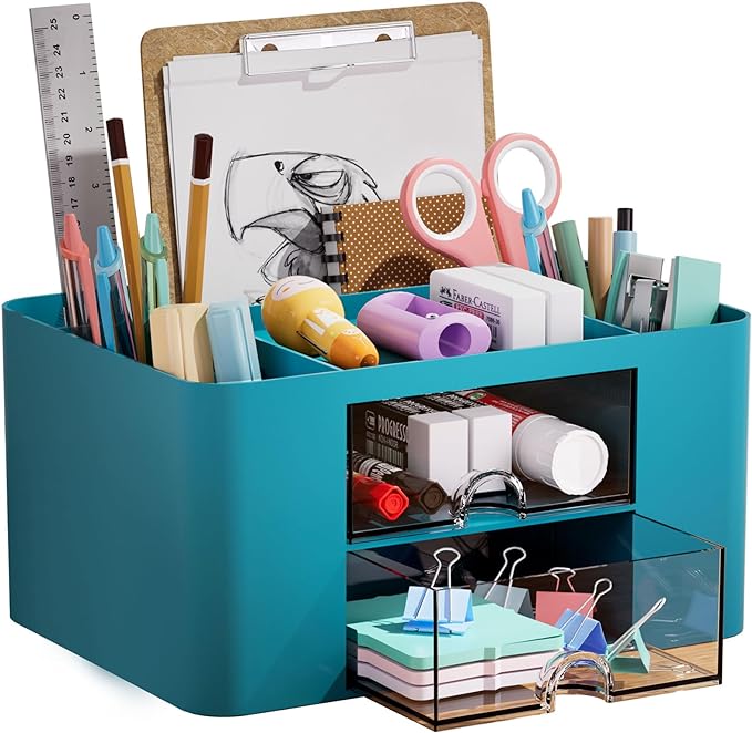 Marbrasse Pen Organizer with 2 Drawer, Multi-Functional Pencil Holder for Desk, Desk Organizers and Accessories with 5 Compartments + Drawer for Office Art Supplies (Dark Green)