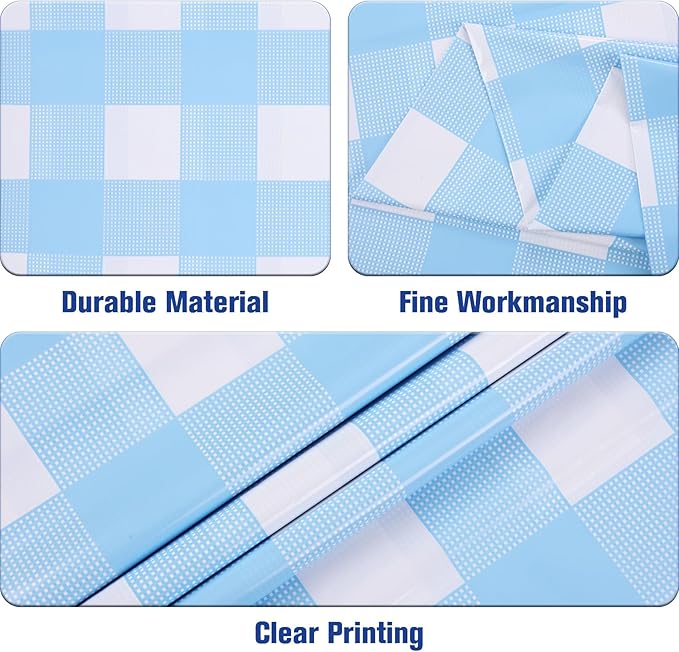 Kesfey 9 Packs Light Blue Gingham Tablecloth Pale Blue and White Checkered Tablecloths 54 x 108 Inches Disposable Plastic Gingham Tablecovers Waterproof Rectangle Picnic Table Cover for Birthday Party