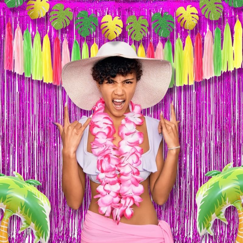 Braveshine Hot Pink Tinsel Foil Fringe Curtains - 2Pcs 3.2x8.2ft Metallic Party Streamers Backdrop for Girl Birthdays Valentines Bridal Shower