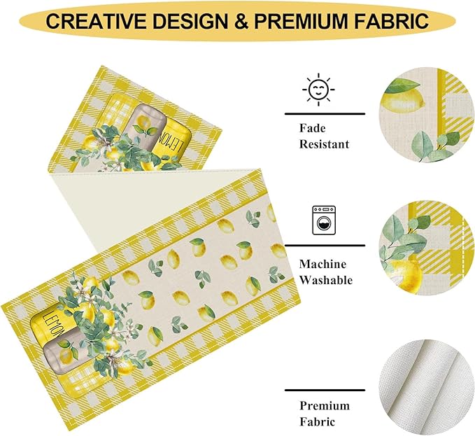Lemon Table Runner, Farmhouse Yellow Buffalo Plaid Seasonal Summer Spring Fruits Lemon Coffee Table Center Decor for Home Kitchen Dining Party Patio Indoor Outdoor Table Decorations, 13"x90" Inch