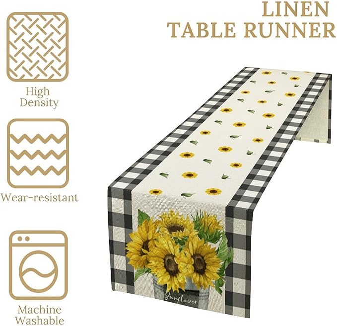 Morden Sunflower Table Runner,White Black Buffalo Plaid Watercolor Summer Flower Plants Leaves Print Table Runner for Kitchen Dining Table Holiday Home Party Decor 13x90in