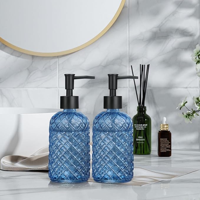 13.5Oz Gem Design Soap Dispenser with Plastic Pump, Refillable Glass Soap Dispenser for Hand Soap, Dish Soap, Lotion (Blue & Plastic Pump)