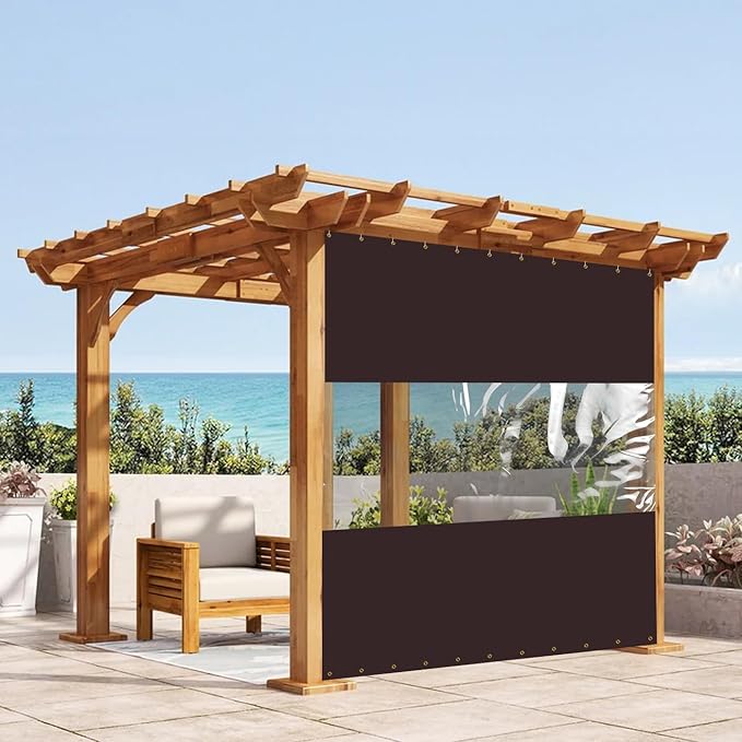 Covers & All Outdoor Clear Panel Curtain, 12 oz Vinyl Outdoor Curtains for Patio, Weather Resistant Waterproof Tarp with Brass Grommets for Pergola, Porch, Gazebos, Balcony (7'H x 8'W Feet, Coffee)