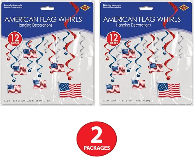 Beistle American Flag Whirls, Hanging Patriotic Stars and Stripes Decorations, Red, White & Blue Party Supplies for Fourth of July, Memorial Day
