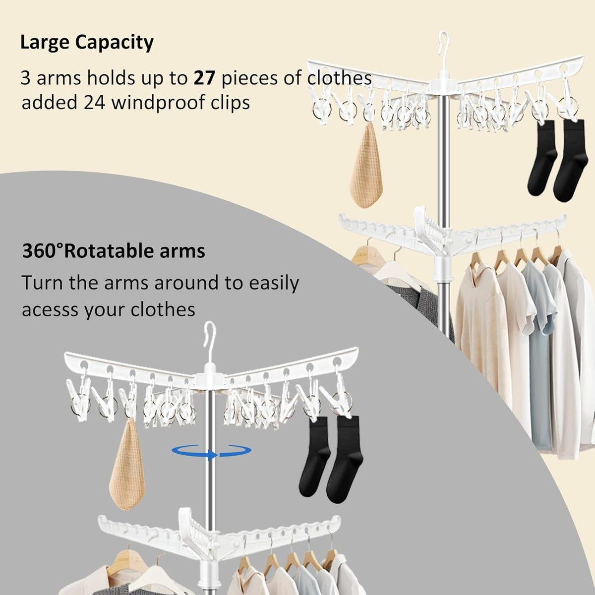 Suyu Clothes Drying Rack,Folding Clothes Drying Tree, 2 Layer with 24 Clips and 3 Rotatable Arms,66.9-Inch Indoor Clothes Rack,Stainless Steel,4 Legs