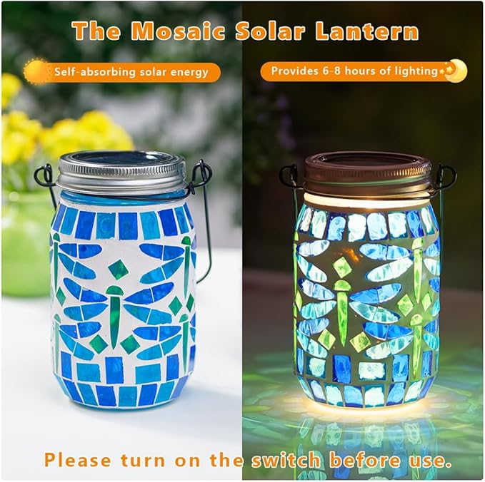 Starsoul Solar Hanging Lanterns Outdoor Waterproof, Mosaic Dragonfly Decor Glass Solar Outdoor Lights, Decorative Solar Lantern for Outside Pathway Patio Porch Yard Decor