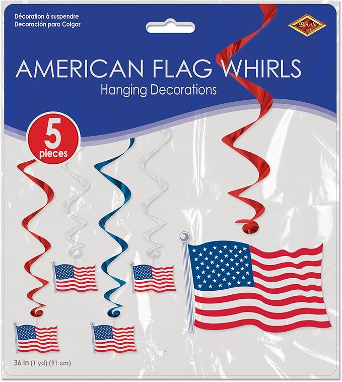 Beistle 5 Piece American Flag Whirls, 3’ Long Hanging Patriotic Stars and Stripes Decorations, Red, White & Blue Party Supplies, Fourth of July, Memorial Day & Festive Themed USA Holiday Decor