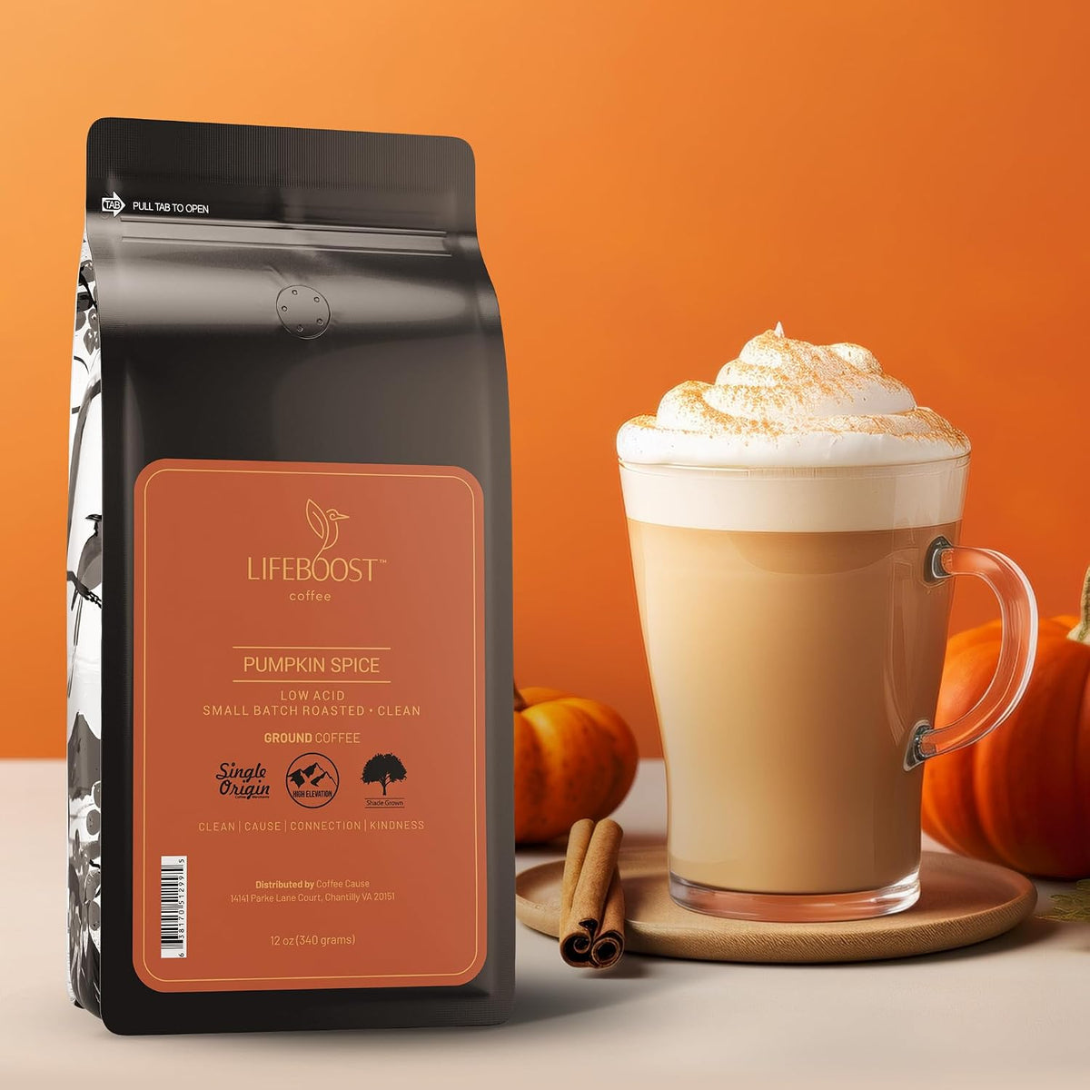 Lifeboost Pumpkin Spice Coffee Whole Bean – Organic, Low Acid, Non-GMO - Cozy Fall Time Blend – Single Origin Medium Roast, Mycotoxin-Free Flavored Coffee, 12 oz
