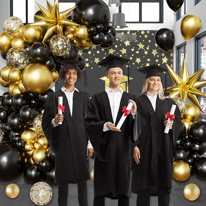Black Gold Balloon Arch Kit Graduation Decorations 2026, 130Pcs Black and Gold Balloons and Foil Star Balloon with Confetti Ribbons Grad Party Decorations for College High School Class of 2026