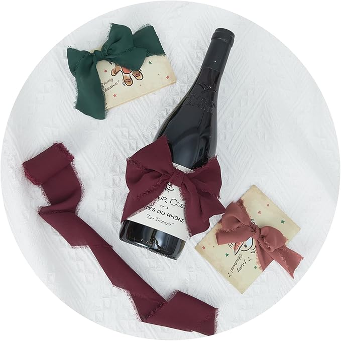4 Rolls Burgundy Handmade Fringe Chiffon Silk Ribbon 1" W x 5Yd Per Roll,Frayed Edges Ribbon Set for Gifts Wrapping,Wedding Invitations,Bouquets,DIY Crafts (1" x20Yd, Burgundy)
