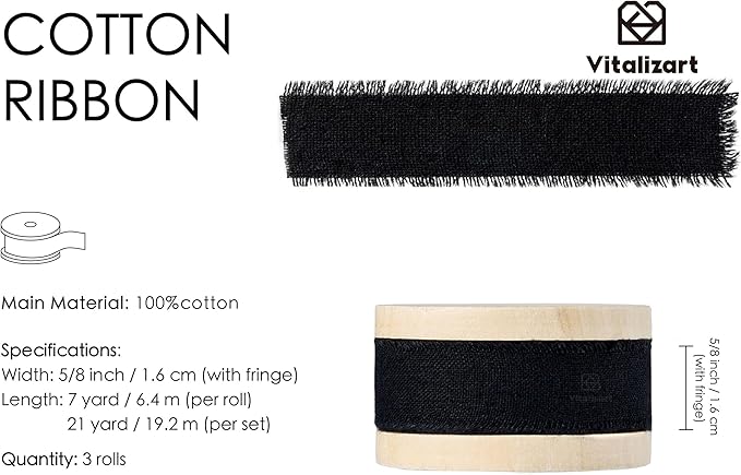 Vitalizart Black Cotton Ribbon Handmade Fringe 5/8" x 21 Yd Pure Natural Cotton Ribbons for Gift Wrapping Wedding Invites Bridal Shower Bouquets Holiday Decor