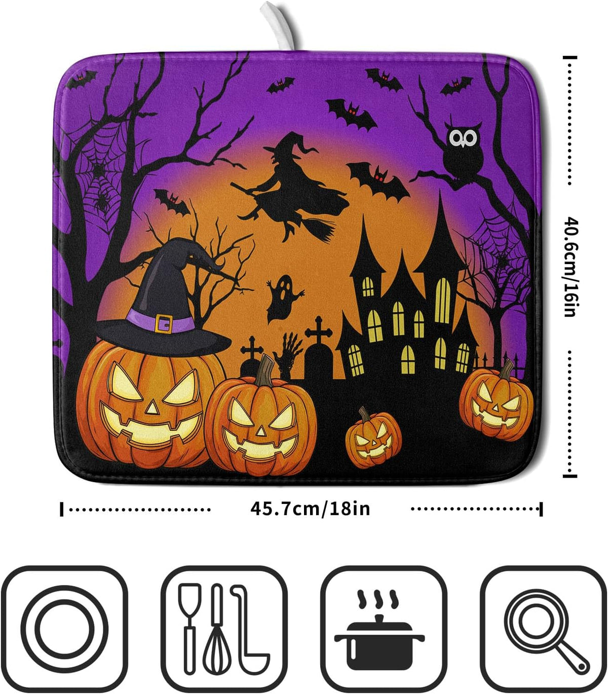 Happy Halloween Pumpkin Dish Drying Mat for Kitchen Counter,Witch Ghost Castle Bat Purple Drying Mat 16 x 18 Inch with High Absorbent Microfiber