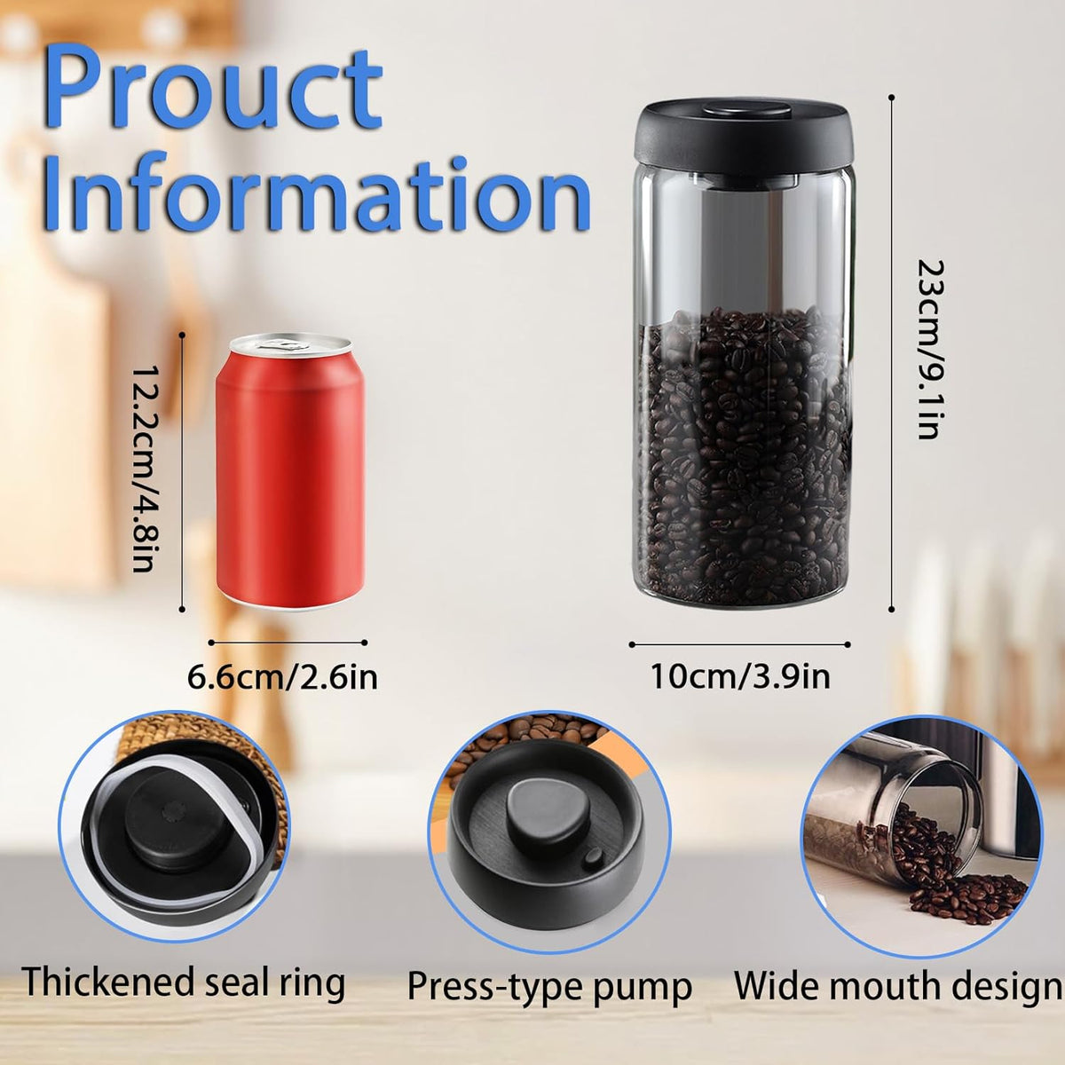 Vacuum Coffee Canister,2PCS 61FLOZ Borosilicate Glass Jar with Spare Airtight lid, Label & Brush